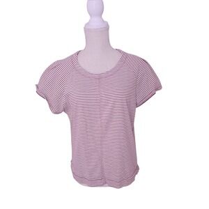 Free Assembly Womens Short Sleeve White Maroon Striped Top Raglan Seam Cotton L